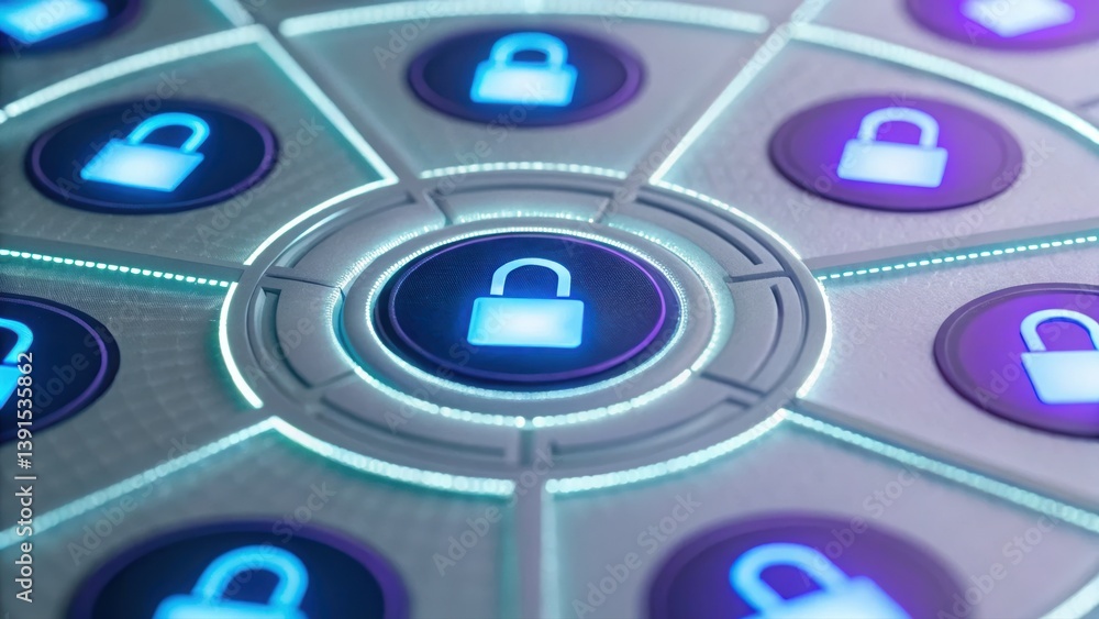 Poster circular button with lock icon representing security in a holographic digital ecosystem concept