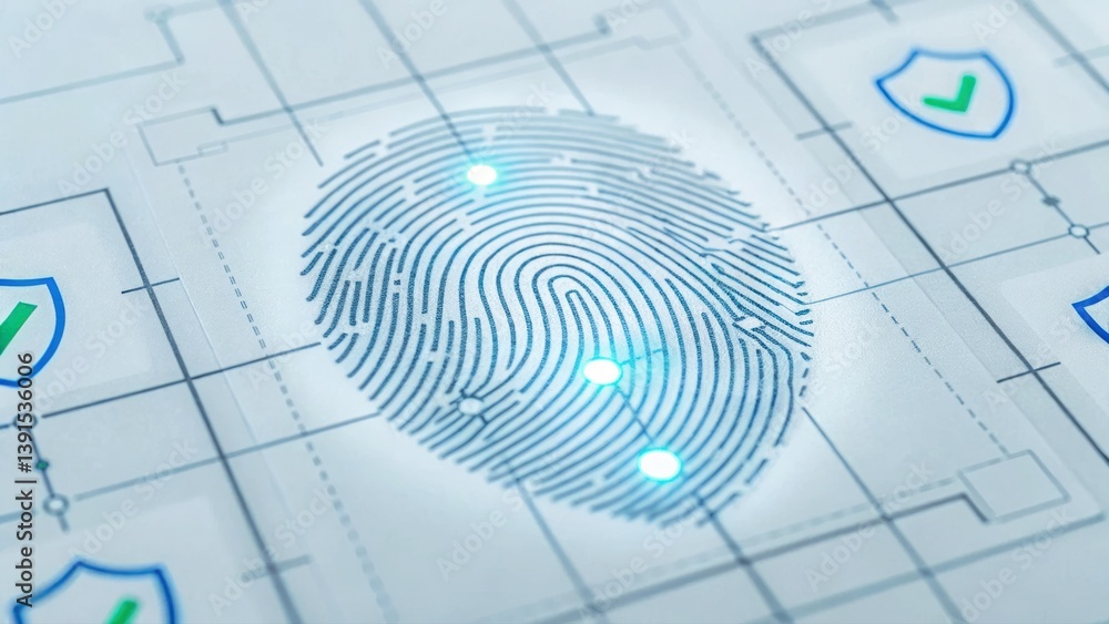 Poster detailed cyber style blueprint of a fingerprint with data tracking elements and security features