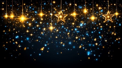 Fototapeta premium Golden and blue stars hanging with glitter on black background.
