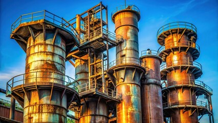 Rusting Industrial Smokestacks Against Vivid Blue Sky - Stock Photo