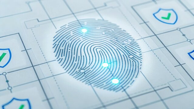 Detailed cyber style blueprint of a fingerprint with data tracking elements and security features
