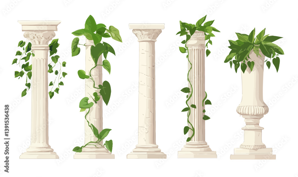 Poster ancient roman greek classical columns with greenery - minimalist vector set