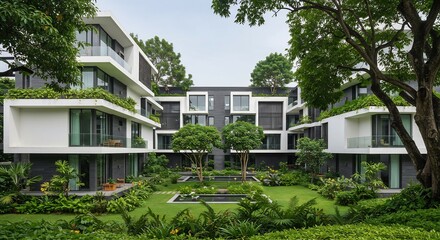 Fototapeta premium Modern apartment complex serene garden lush greenery. AI Generated