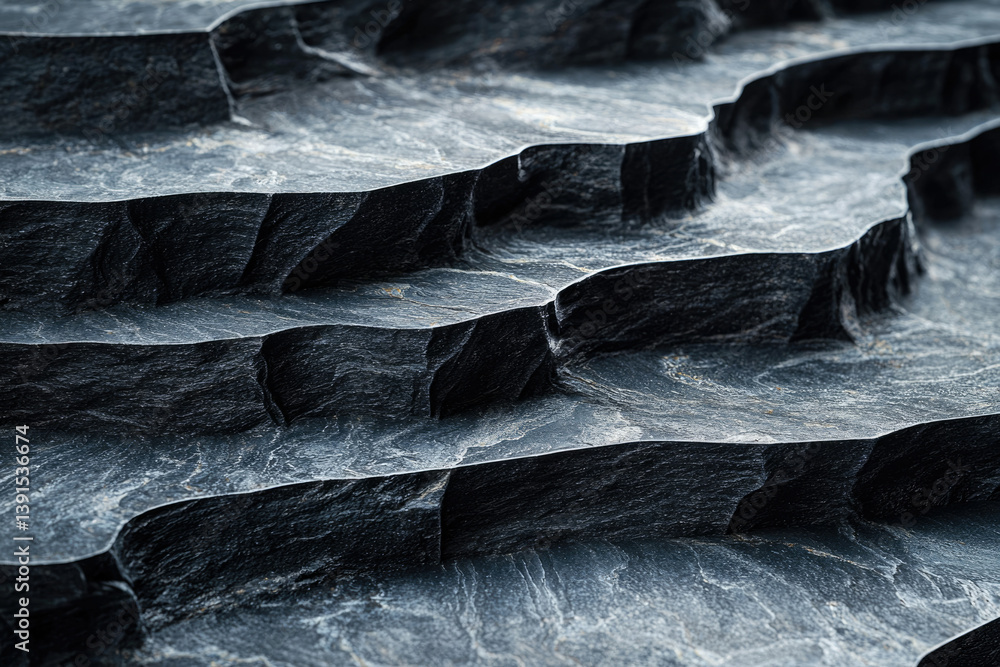 Poster close-up view of layered dark grey rock formation, showcasing texture and depth.