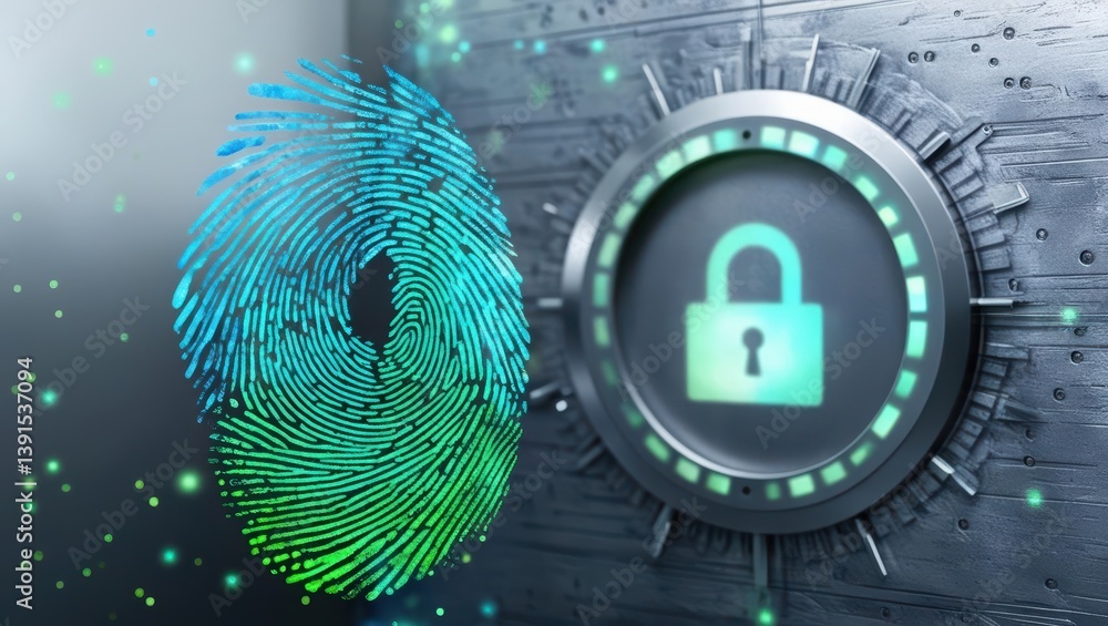 Poster captivating fingerprint formed by data particles transitioning into a secure locking digital vault