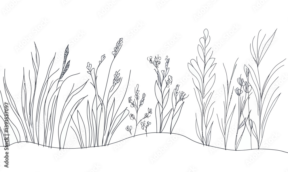 Aufkleber abstract continuous line drawing of meadow grassland with elegant grass forms
