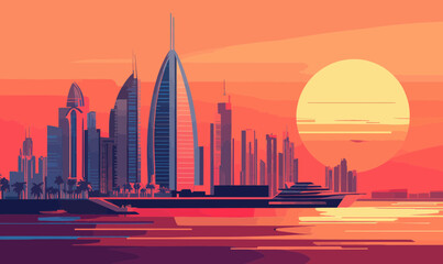 Dubai Skyline at Sunset in Flat Minimalist Vector Style Illustration