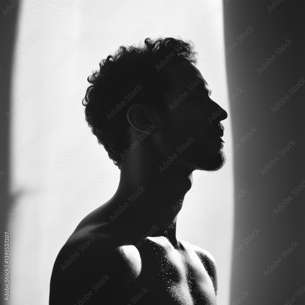 Poster contrasting silhouette of a man. strong light and shadow create depth and intrigue. perfect for arti