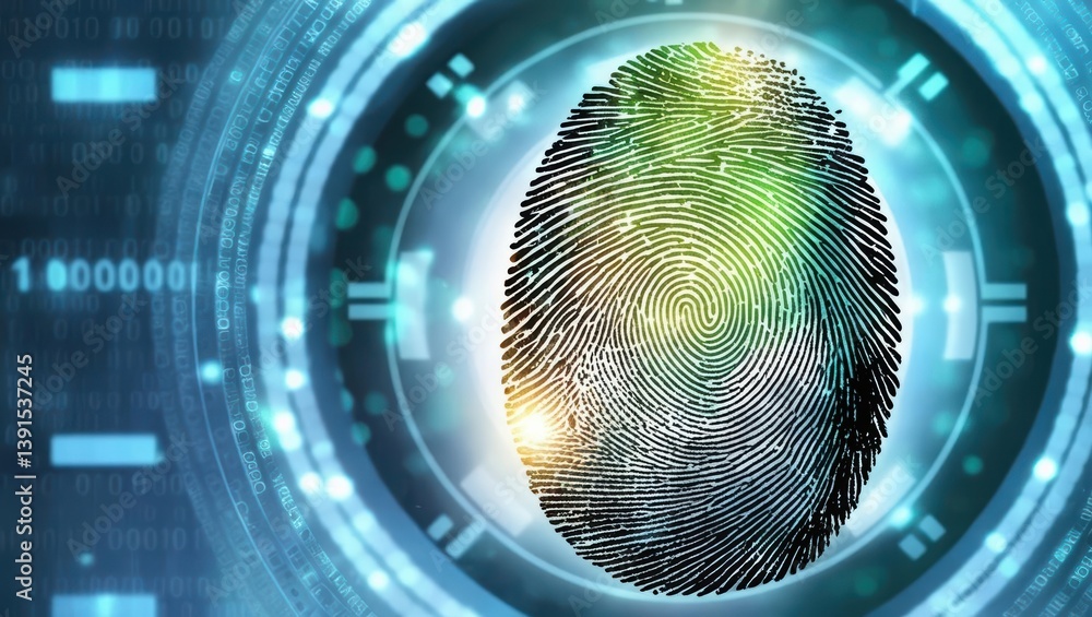 Poster enigmatic fingerprint composed of glowing data particles merging into a digital vault background