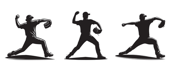 Obraz premium Set of Baseball Player throwing ball Silhouettes Vector Illustrations isolated on a white background