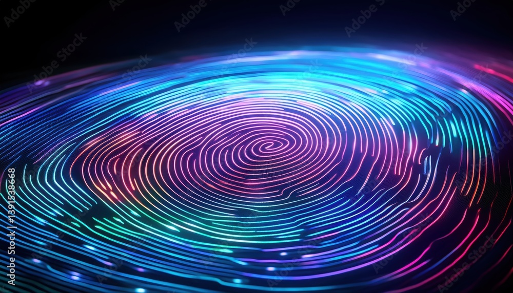 Poster colorful digital fingerprint with neon light effects pulsating gently on a dark surface