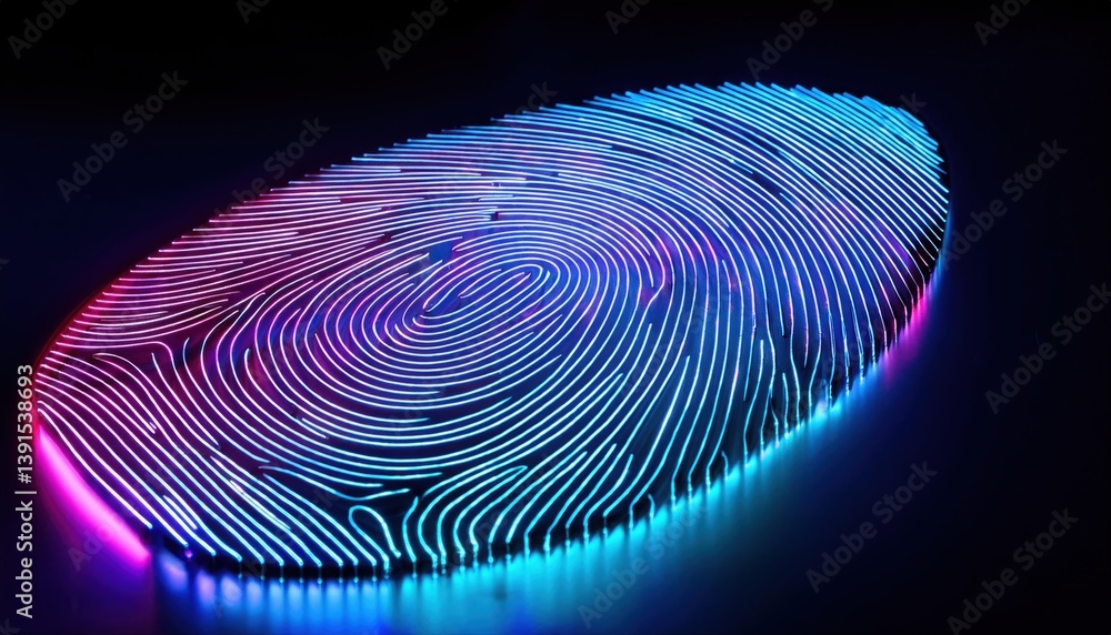 Poster stunning digital fingerprint pattern in neon light pulsating gently on a dark surface