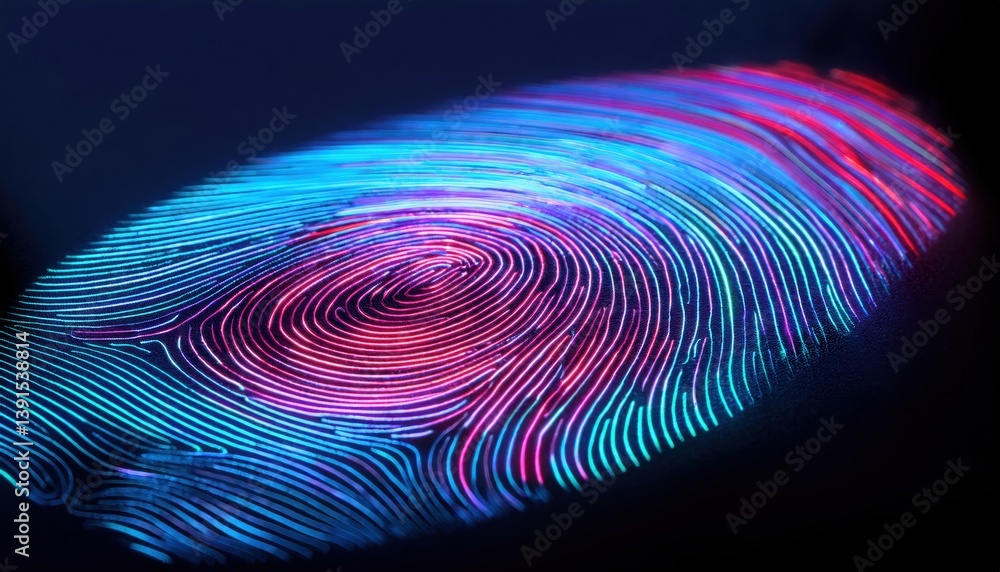 Poster striking digital fingerprint pattern rendered in neon light pulsating gently on a dark background