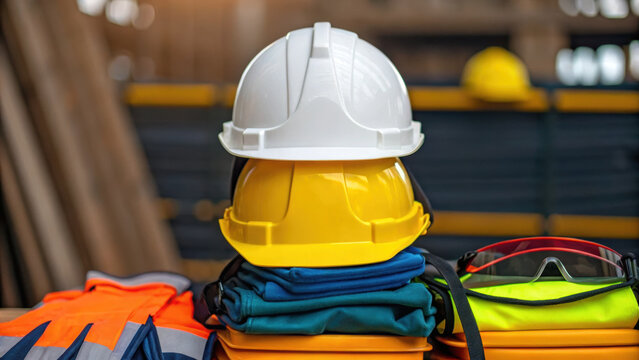 Safety helmets in construction site are stacked neatly with protective gear, showcasing importance of safety in building projects