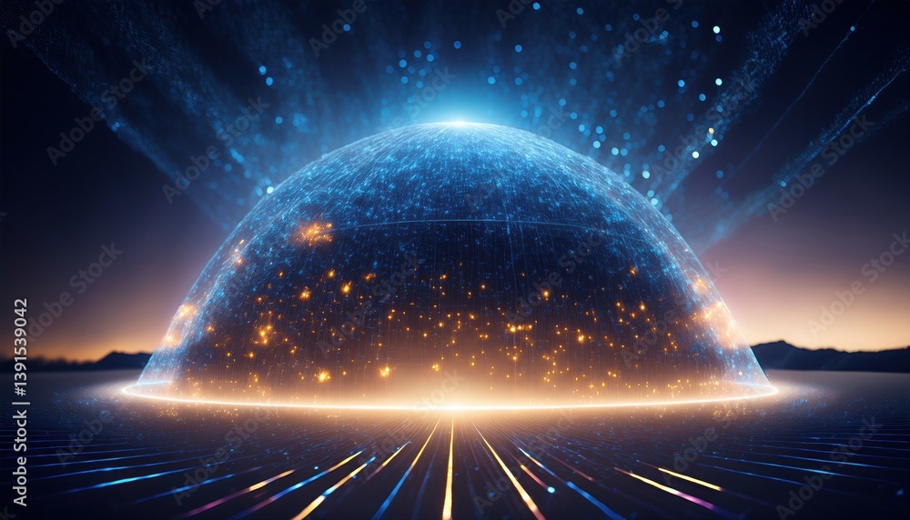 Poster futuristic spaceship surrounded by glowing orb in ethereal light filled cloudscape of data particles