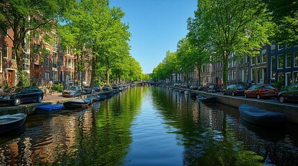 Serene Canal Scene Surrounded by Lush Green Trees, Reflected in Water in a Peaceful and Scenic Setting 