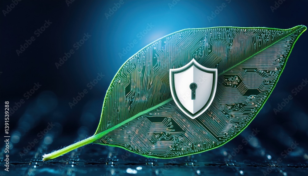 Poster cybernetic leaf embedded with circuits and privacy shield patterns symbolizing sustainable technolog