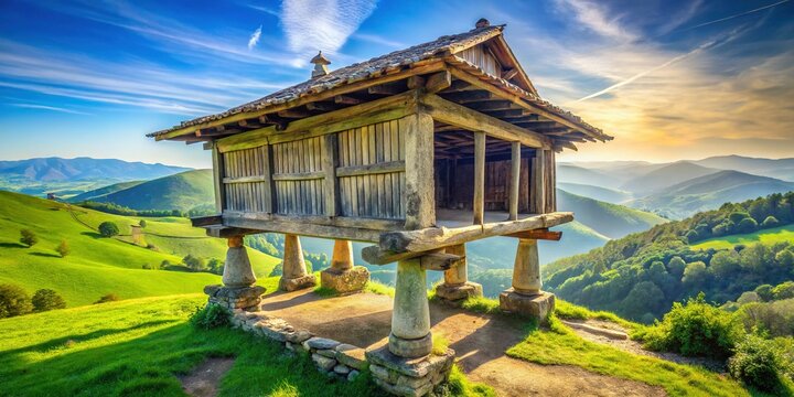 Traditional Galician Horreo Granary in Lush Green Landscape