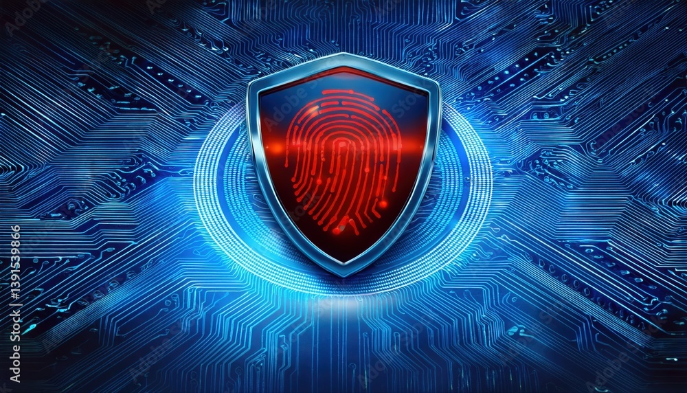 Poster high-tech fingerprint scanner interface displaying warning shield for enhanced security measures