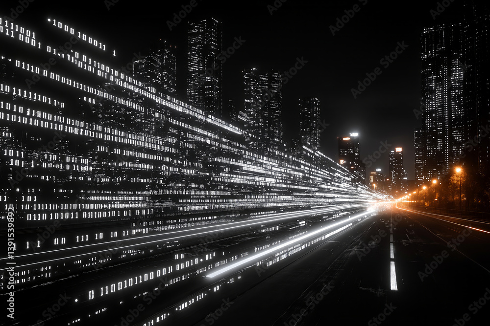 Poster binary code streaming through city street at night representing digital data flow