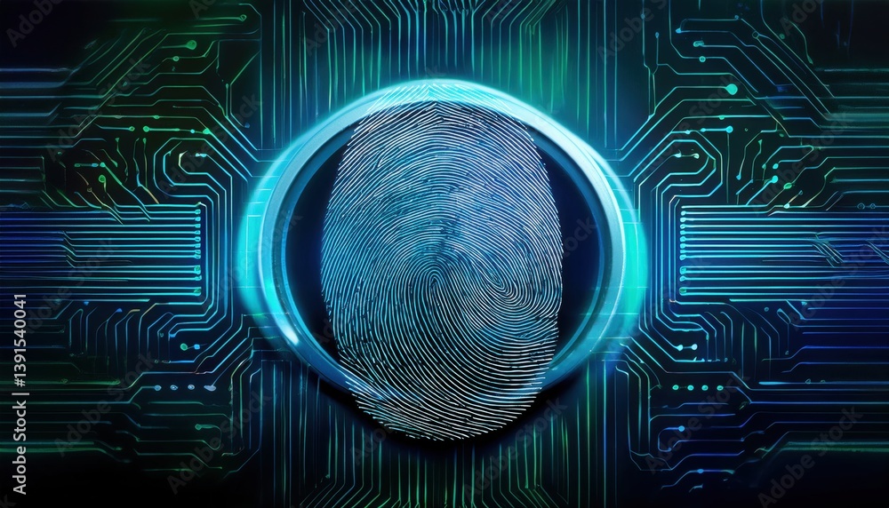 Poster floating fingerprint icon composed of encrypted code surrounded by a glowing privacy shield effect