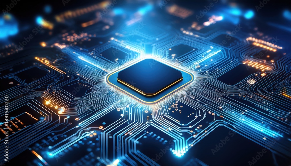 Poster advanced nanotech microchip embedded in circuit board with glowing molecular structures for security