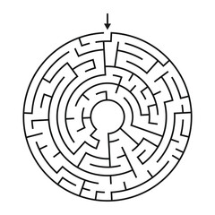Round Maze Game for Adults and Kids - Simple Flat Vector Black and White Outline Illustration.