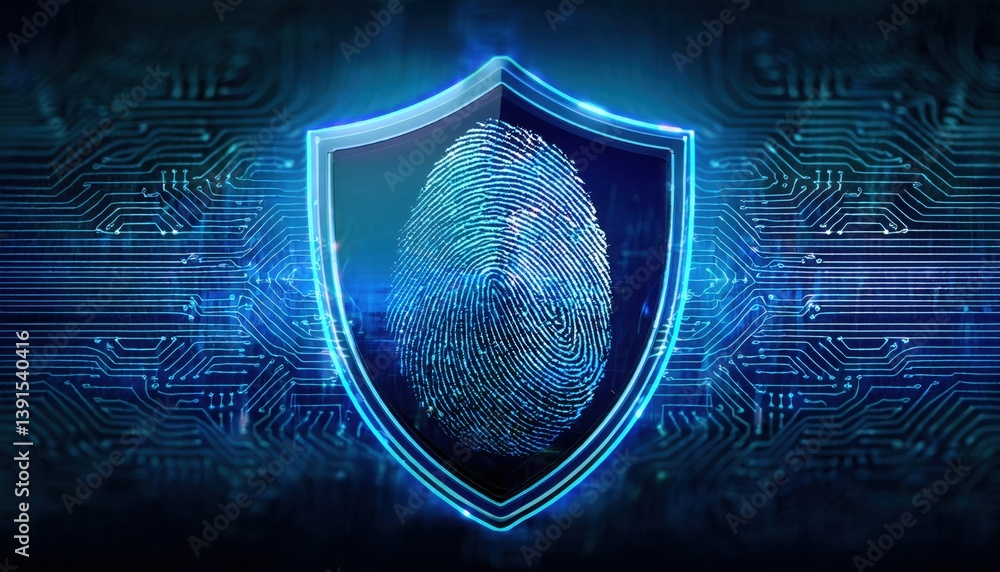Poster futuristic fingerprint blended with pixelated data streams over translucent privacy interface backgr