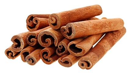 Delicious and fragrant cinnamon sticks that are neatly isolated on a clean white background, showcasing the unique texture and shape of these spice items. A visually appealing display created with the
