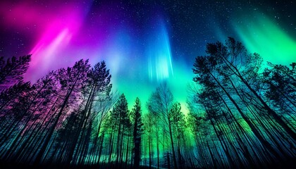 An abstract interpretation of a northern lights scene in a forest, with glowing neon gradients in green, purple, and blue, silhouetted tree shapes fading into the background, smooth blend of colors an