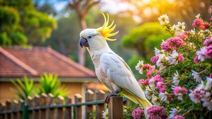 Yellow-Crested Cockatoo in Suburban Garden - Australian Bird Wildlife Stock Photo