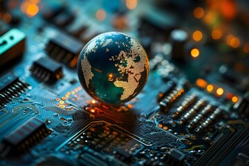 A globe sits on a computer circuit board with blurred background lighting.