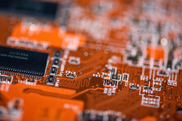 Abstract, Close up at electronic circuits, we see the technology of the mainboard, which is the...