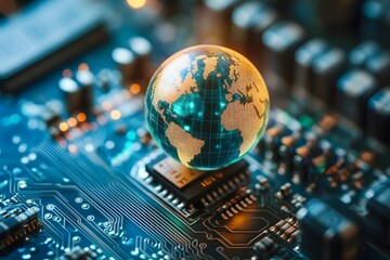 Globe rests on a microchip circuit board representing global technology and connectivity.