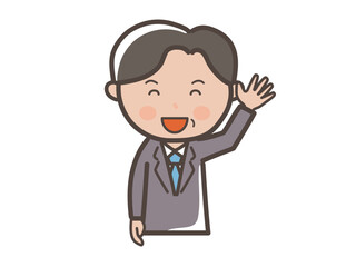 笑顔で手を振る中年の男性ビジネスマンの上半身イラスト