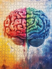 Brain Puzzle: A visually captivating jigsaw puzzle artfully depicts the human brain, split into two distinct halves, symbolizing the synergy of logic and creativity.