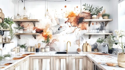 stylish kitchen decor: terrazzo countertops, open shelving, and brass finishes – perfect poster for trendy interiors!