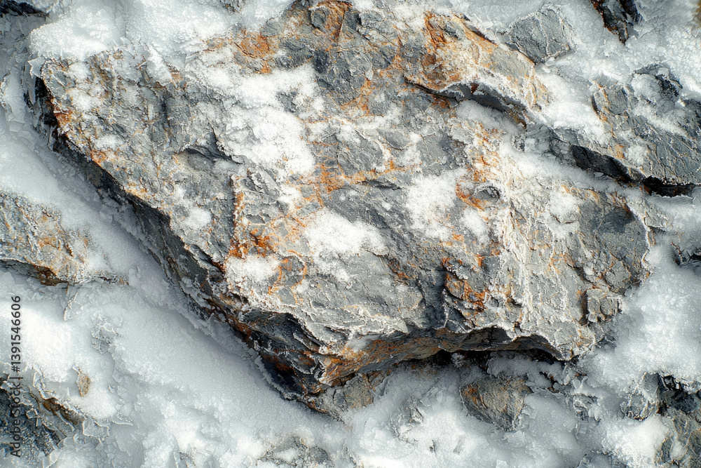 Aufkleber a rugged, gray rock partially covered in snow, showcasing its rough texture and layered structure.