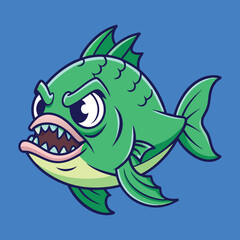 Fototapeta premium Cartoon Illustration Of An Angry Green Piranha Fish With Sharp Teeth On Blue Background