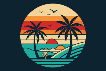 Retro Beach Palm Trees, Sunset, Ocean Waves, Birds in Oval Vintage Design