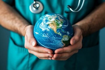 A male clinician holding the Earth gently, symbolizing care and unity, World Health Day.