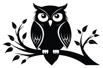 Elegant Black and White Owl Silhouette Perched on Leafy Branch, Simple Isolated Design
