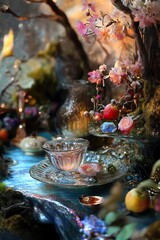 Fototapeta premium Enchanted teacup setting amidst whimsical floral arrangement and sparkling details. Fantasy, fairytale aesthetic.