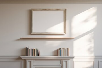 Fototapeta premium An empty picture frame above a fireplace with books below