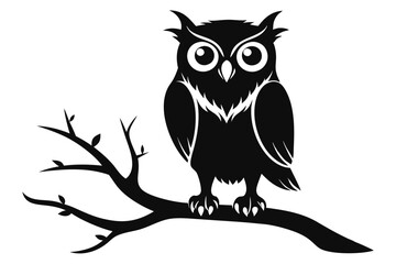 Silhouette Owl on Branch Night Bird Perched on Tree Limb, Black on White Background