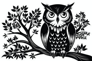 Monochromatic Owl Perched on Branch, Detailed Feathers & Big Eye Design