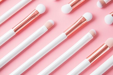 Arrangement of Makeup Brushes on Pink Background for Beauty Content