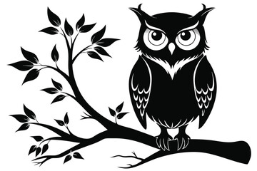 Owl Silhouette on Branch Elegant Monochromatic Design, Bird on Tree, Wildlife Art