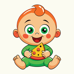 Cute Cartoon Baby Holding A Slice Of Pizza On A White Background