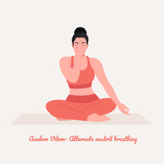 Anulom Vilom- Alternate nostril breathing pose. Young woman practicing Yoga pose. Woman workout fitness, aerobic and exercise